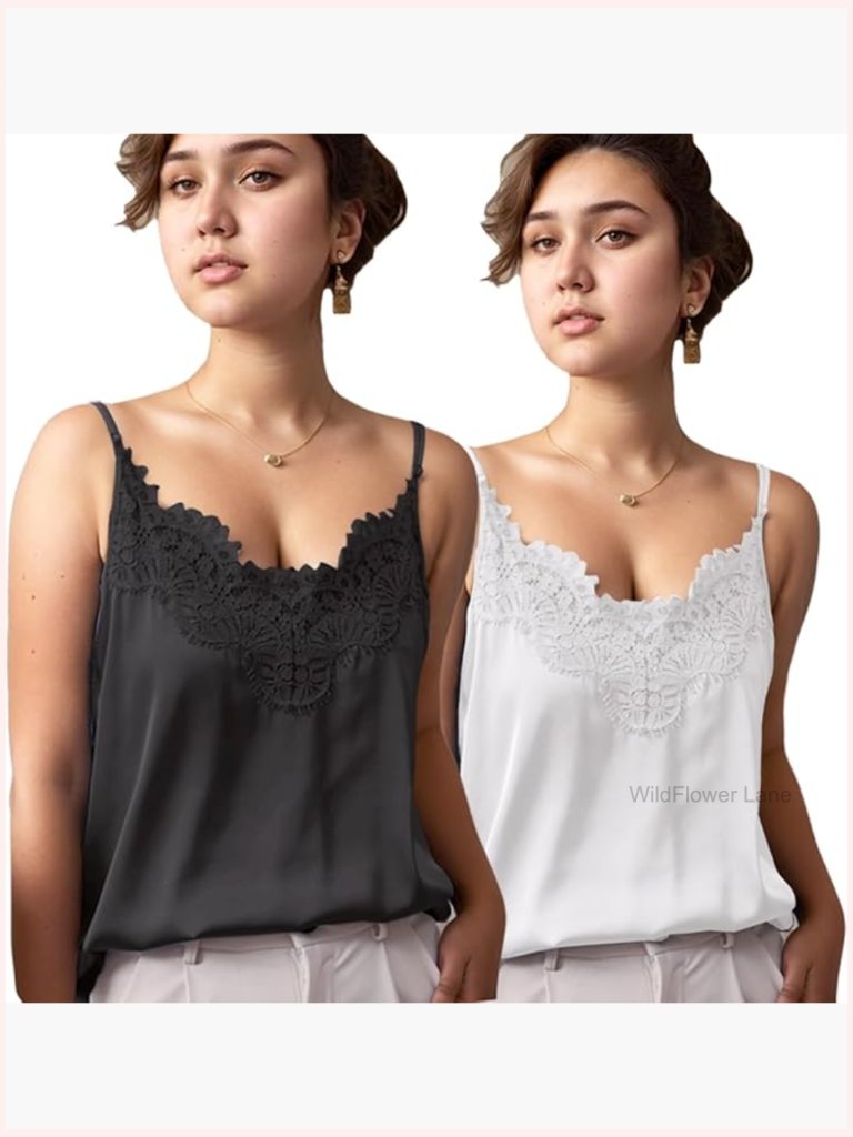 Silk Satin Camisole Tank Top With Adjustable Straps Lace Trim